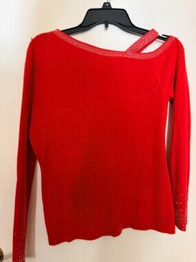 Red Rhinestone Embellished Long Sleeve Sweater Top, XL Holiday Glam